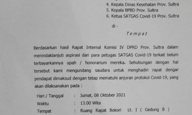 Surat undangan RDP dari DPRD Sultra yang ditujukan kepada empat OPD perihal menindaklanjuti aspirasi dari para petugas Satgas Covid-19 terkait persoalan honor yang belum dibayarkan. Foto/rmh/bentaratimur.id