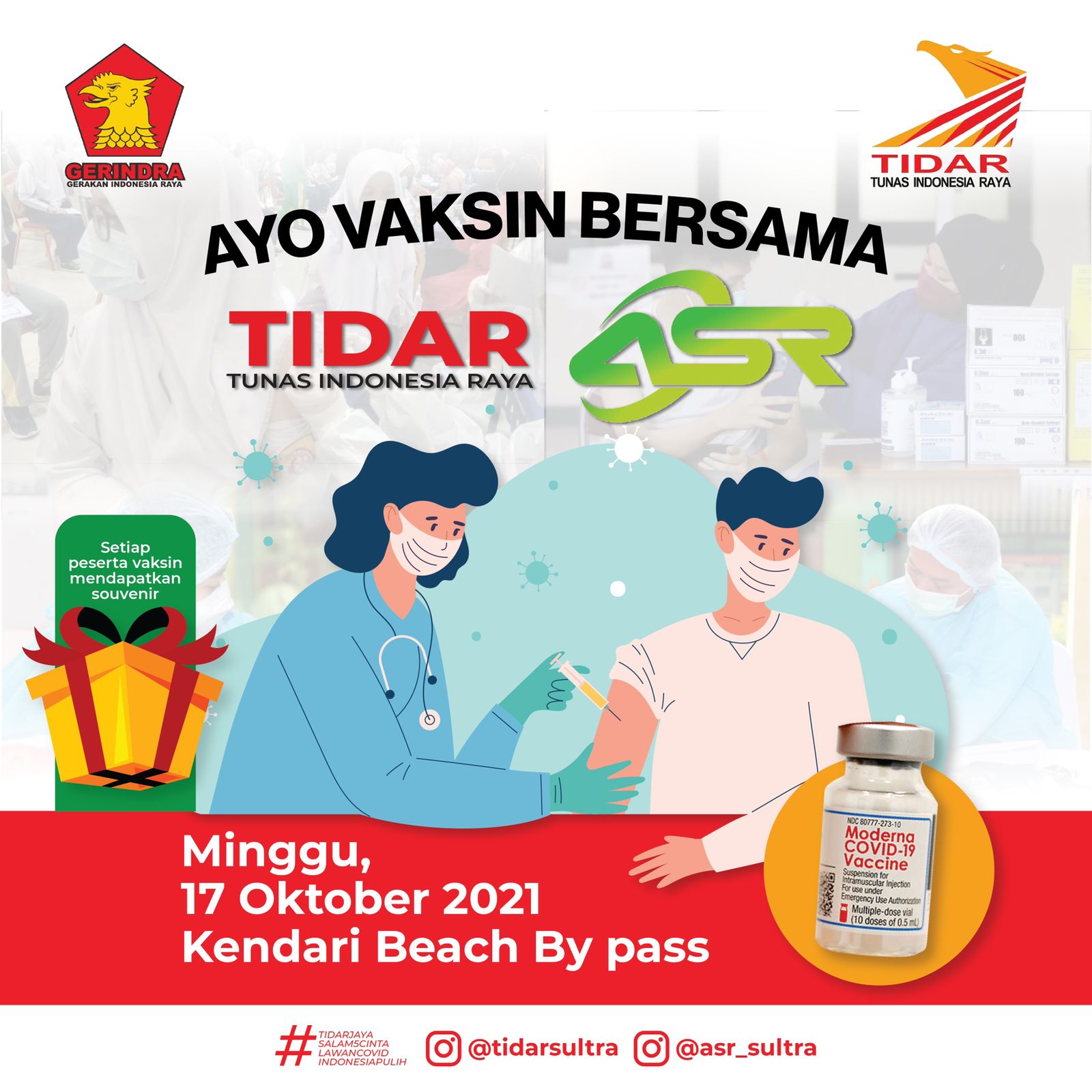 DPD Partai Gerindra Sultra bersama organisasi sayapnya, Tunas Indonesia Raya Sultra akan melakukan vaksinasi Covid-19 gratis untuk masyarakat Sultra, Minggu (17/10/2021) bertempat di Kendari Beach, Kota Kendari. Foto/ist