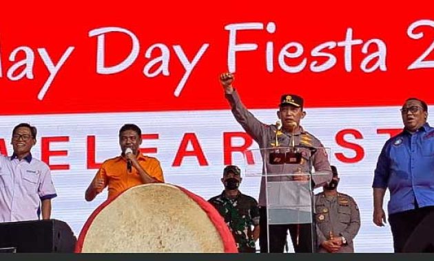 Kapolri Jenderal Listyo Sigit Prabowo saat berorasi di acara May Day 2022. Foto/ist