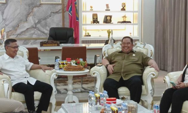 Ketua Kamar Dagang dan Industri (Kadin) Sulawesi Tenggara, Anton Timbang memaparkan potensi penggunaan aspal Buton di hadapan Wali Kota Kendari, Sulkarnain Kadir, di kantornya, Sabtu (8/10/2022). Foto/ist