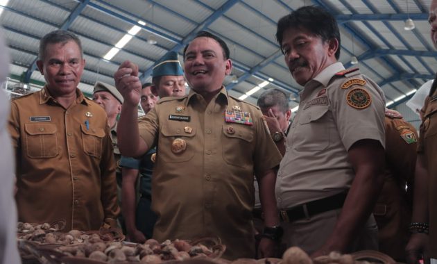 Penjabat Gubernur Sulawesi Tenggara (Sultra), Andap Budhi Revianto (tengah) saat melepas ekspor 56 ton biji pinang ke Iran di Pelabuhan Kendari New Port, Senin (29/1/2024). Foto/ist