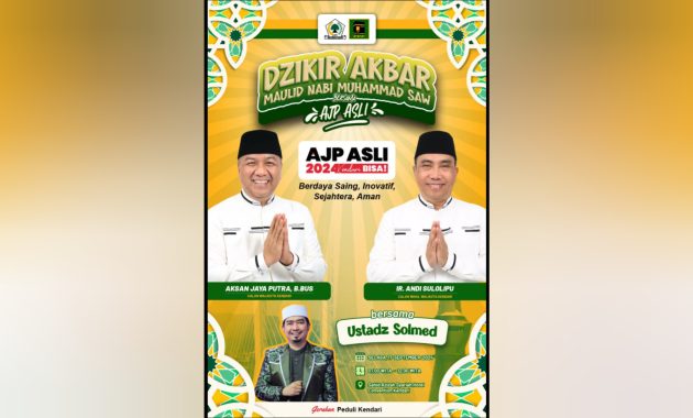 Pasangan bakal calon wali kota dan Wakil Wali Kota Kendari, Aksan Jaya Putra-Andi Sulolipu (AJP-ASLI) akan melaksanakan zikir akbar dalam rangka memperingati Maulid Nabi Muhammad SAW 1446 Hijriyah/2024 Masehi. Zikir akbar rencananya digelar di Sahid Azizah Syariah Hotel Kendari, pada Selasa (17/9/2024, dan akan dihadiri oleh Ustaz Solmed. Foto/ist