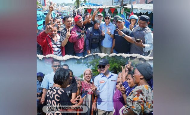 Calon Gubernur (Cagub) Sulawesi Tenggara (Sultra) nomor urut 2, Andi Sumangerukka (ASR) berinteraksi dengan para pedagang dan pembeli saat melakukan blusukan di tiga pasar di Kota Kendari, Jumat (4/10/2024). Foto/tim media ASR