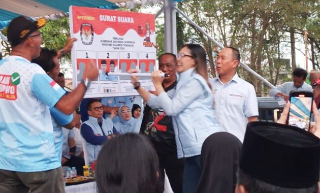 Pasangan calon (paslon) gubernur dan Wakil Gubernur Sulawesi Tenggara (Sultra) nomor urut 2, Andi Sumangerukka (ASR)-Hugua saat melakukan simulasi cara mencoblos mereka pada pemilihan gubernur yang diadakan 27 November 2024 mendatang. Simulasi itu dilakukan dihadapan masyarakat yang menghadiri kampanye terbatas pasangan ini di kawasan eks MTQ Kendari, Jumat (4/10/2024). Foto/R. Hafid/bentaratimur.id