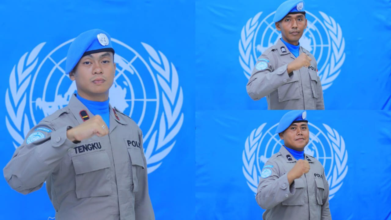 Tiga personel Polda Sulawesi Tenggara (Sultra) yakni, Ipda Tengku Ilham Akbar, Brigpol Muhammad Zulkifli, dan Bripda Andi Adha Febriansyah, yang ikut dalam misi pemeliharaan perdamaian Perserikatan Bangsa-Bangsa (PBB) di negara Afrika Tengah. Foto/ist