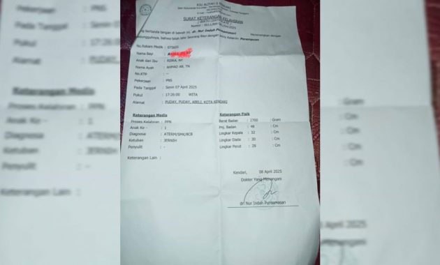 Surat keterangan kelahiran anak R yang dikeluarkan oleh Rumah Sakit Aliyah II Kendari. Foto/ist